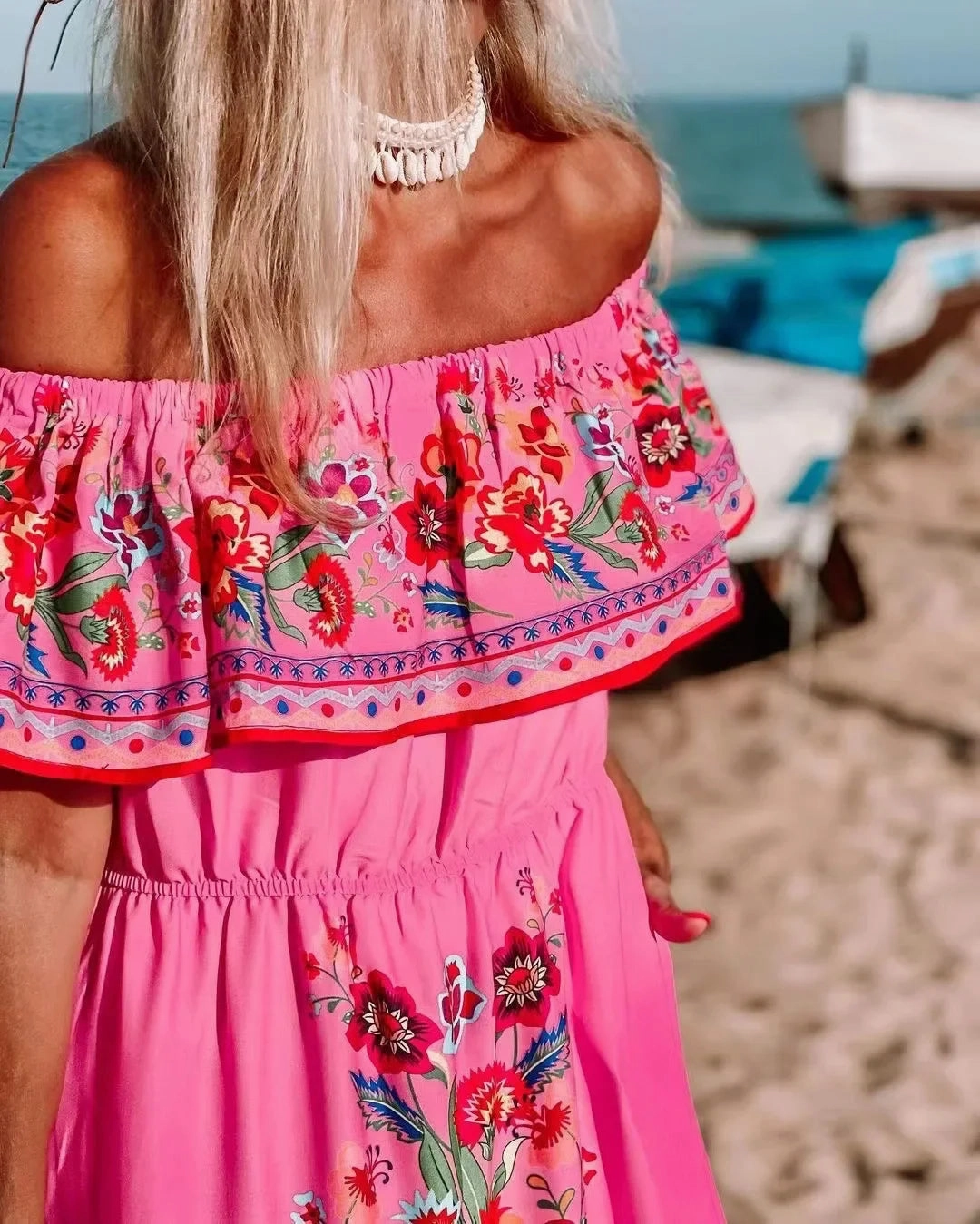 Spring Summer Off Shoulder Maxi Dress with Red Flower Print Sleeveless Loose Fit Wide Hemline for Parties and Casual Wear
