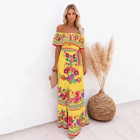Spring Summer Off Shoulder Maxi Dress with Red Flower Print Sleeveless Loose Fit Wide Hemline for Parties and Casual Wear