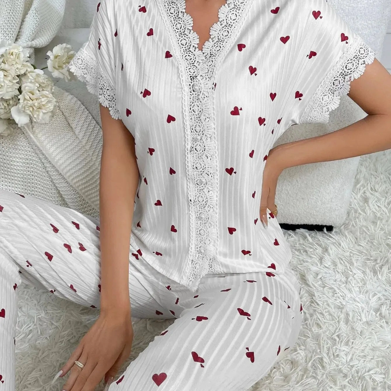 Spring Summer Pajama Set for Women Lace Trim Heart Print Nightwear Loungewear Short Sleeve Top & Full-Length Pants