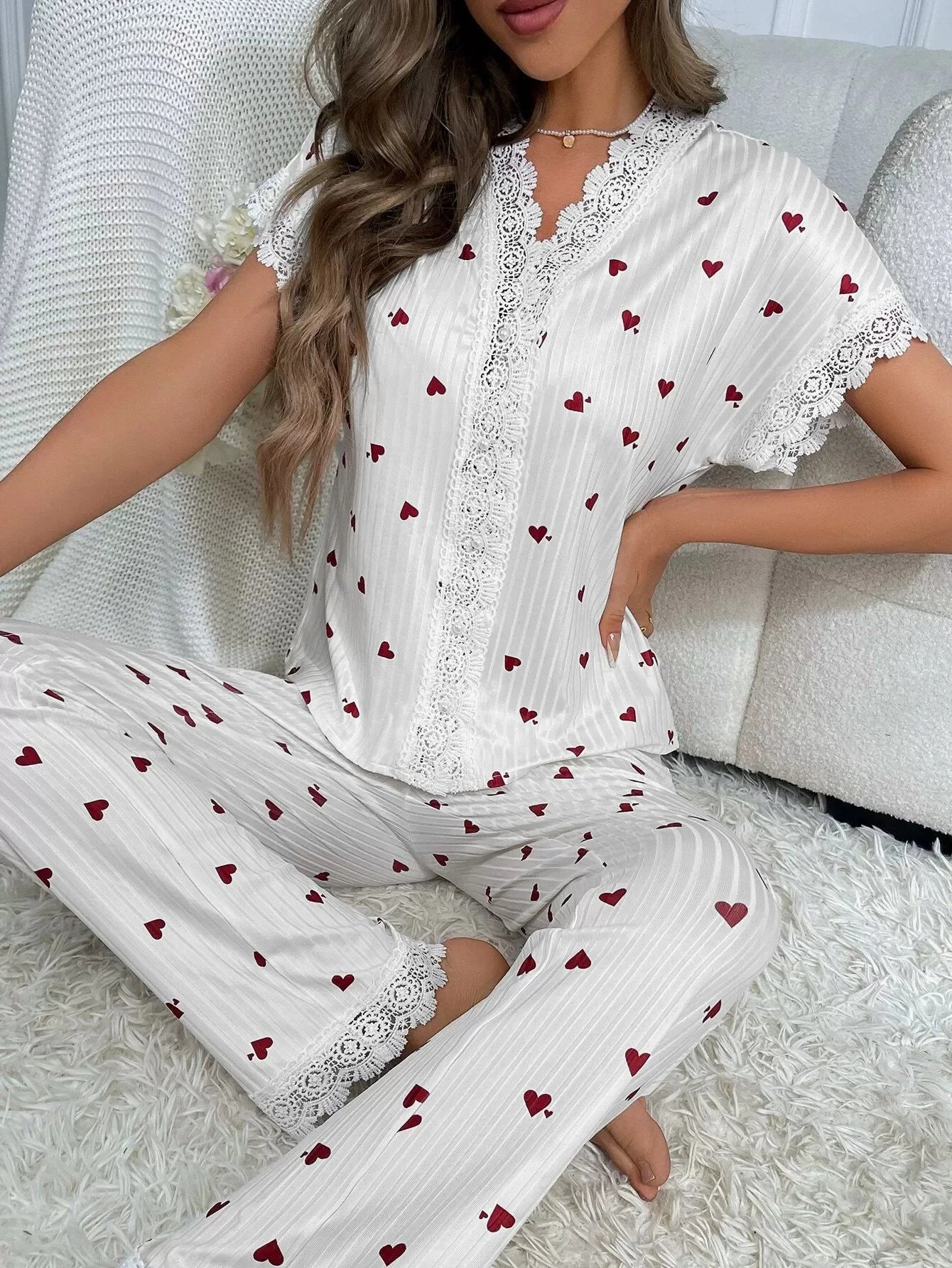 Spring Summer Pajama Set for Women Lace Trim Heart Print Nightwear Loungewear Short Sleeve Top & Full-Length Pants