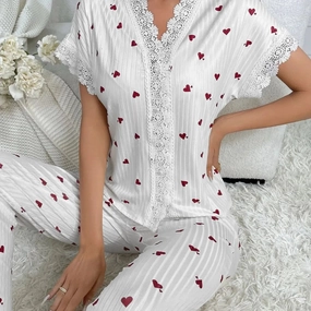 Spring Summer Pajama Set for Women Lace Trim Heart Print Nightwear Loungewear Short Sleeve Top & Full-Length Pants