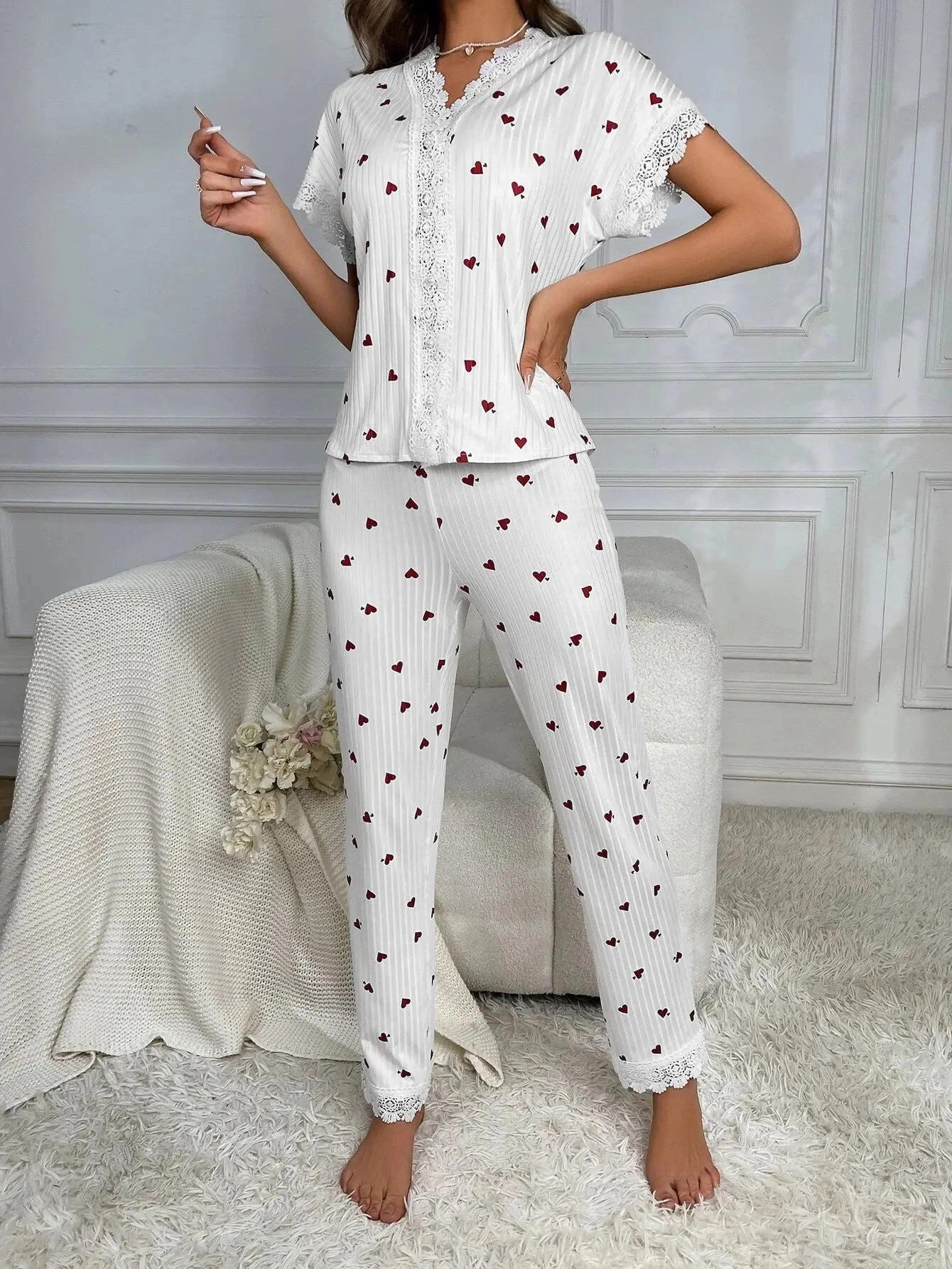 Spring Summer Pajama Set for Women Lace Trim Heart Print Nightwear Loungewear Short Sleeve Top & Full-Length Pants