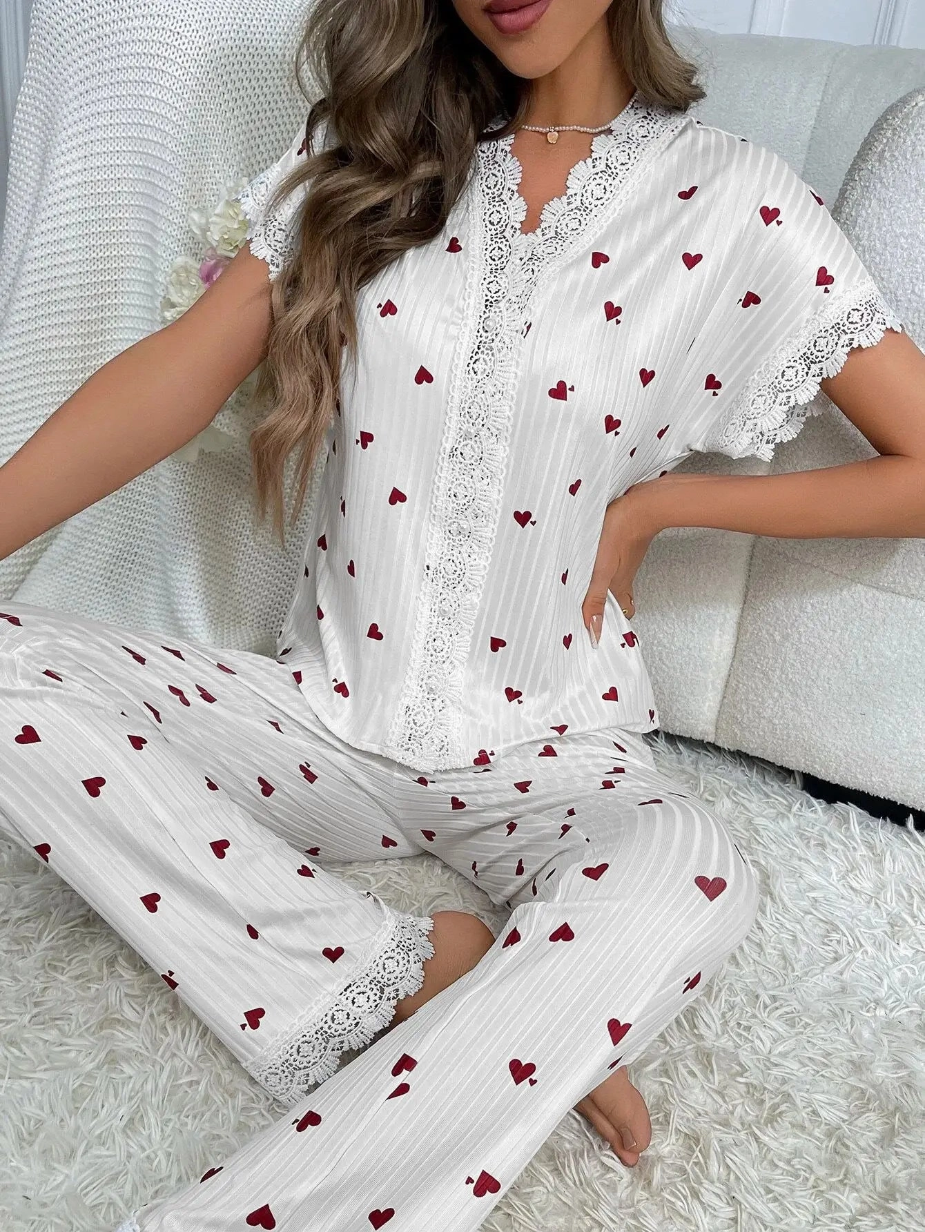Spring Summer Pajama Set for Women Lace Trim Heart Print Nightwear Loungewear Short Sleeve Top & Full-Length Pants