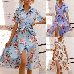 Spring Summer Women??s Floral Print Midi Dress with Short Sleeves and Turn Down Collar for Casual Party and Outing