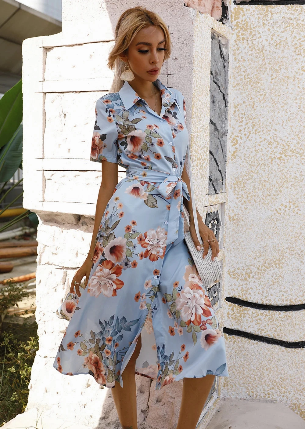 Spring Summer Women??s Floral Print Midi Dress with Short Sleeves and Turn Down Collar for Casual Party and Outing