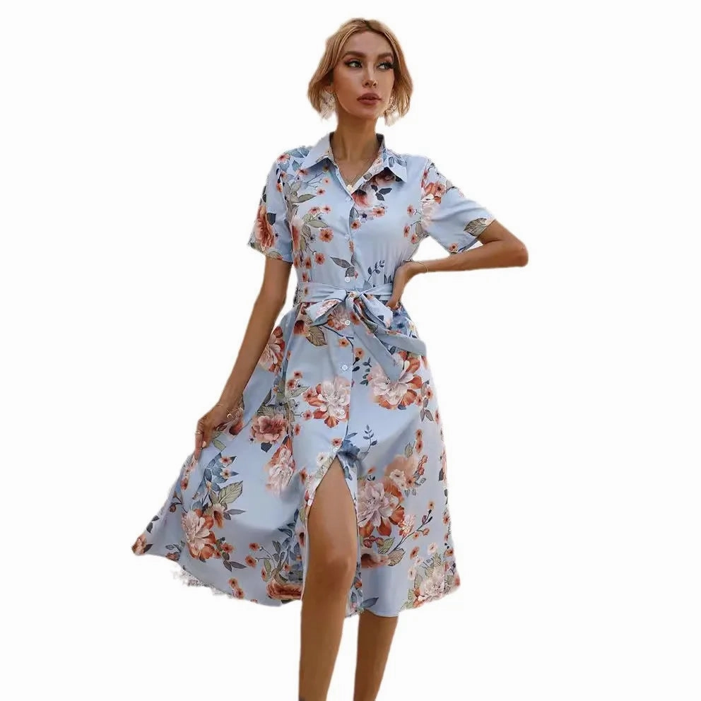 Spring Summer Women??s Floral Print Midi Dress with Short Sleeves and Turn Down Collar for Casual Party and Outing