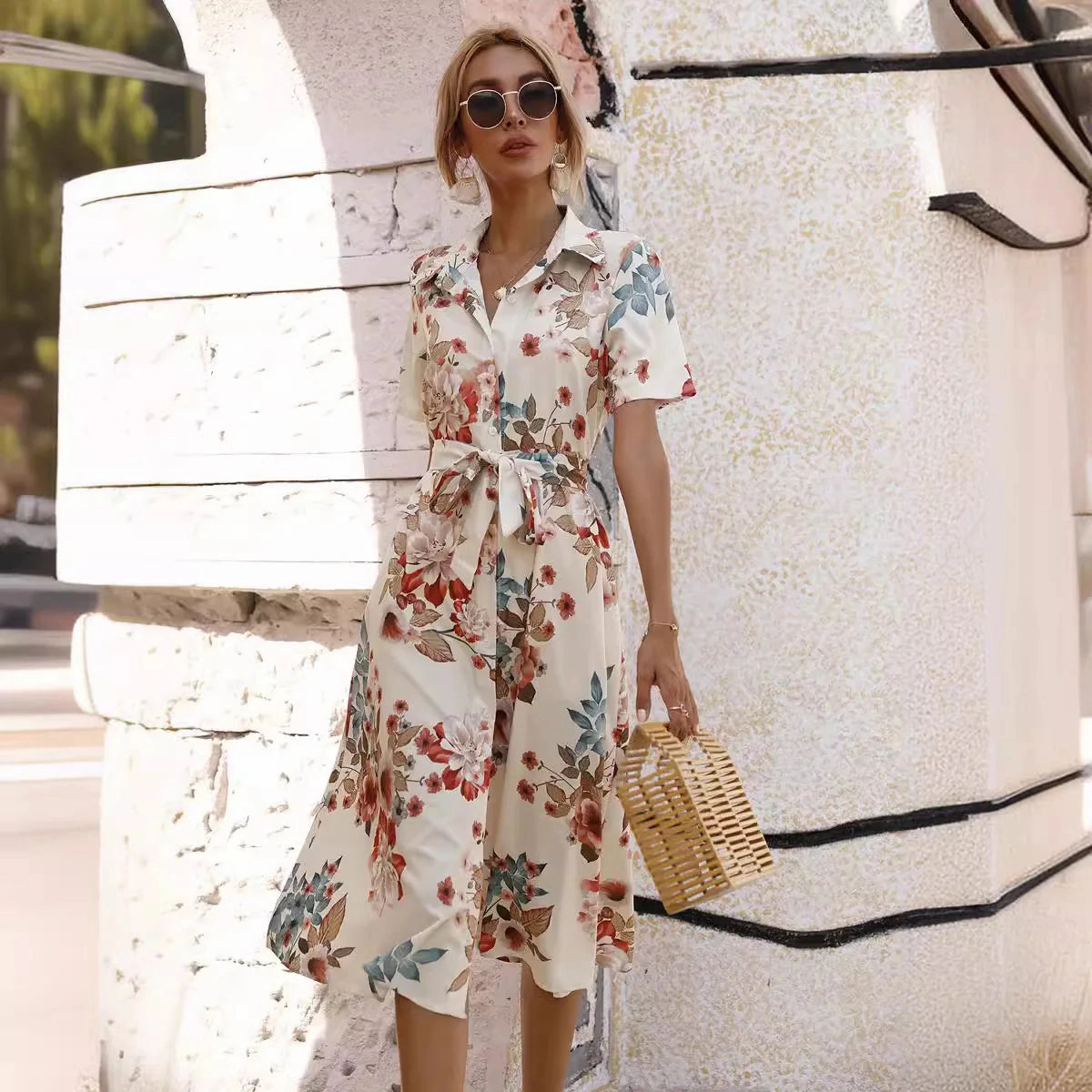 Spring Summer Women??s Floral Print Midi Dress with Short Sleeves and Turn Down Collar for Casual Party and Outing