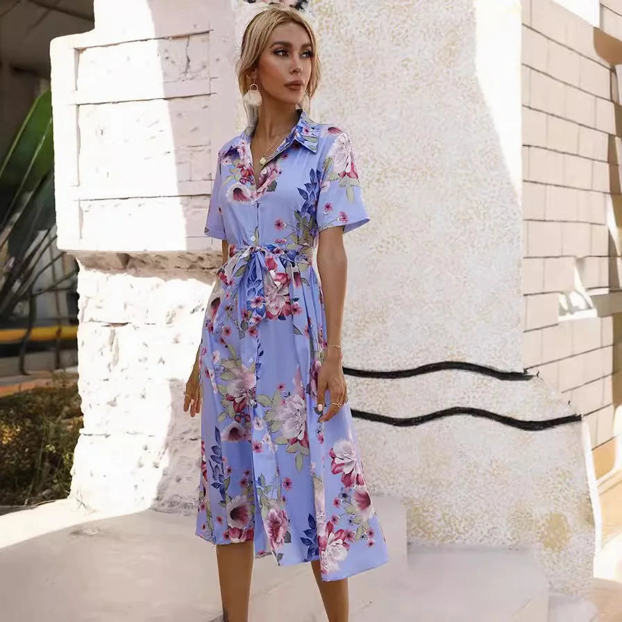 Spring Summer Women??s Floral Print Midi Dress with Short Sleeves and Turn Down Collar for Casual Party and Outing