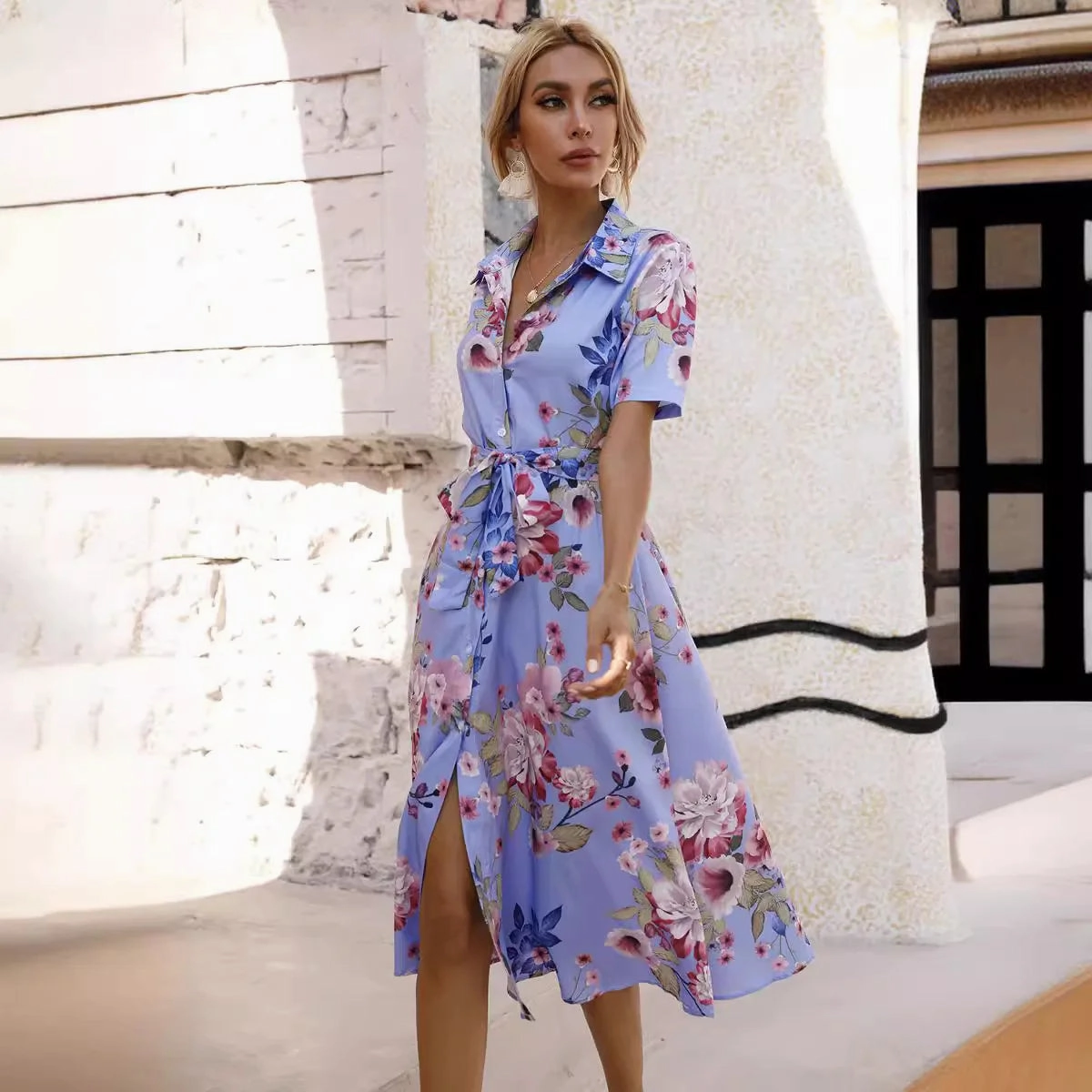 Spring Summer Women??s Floral Print Midi Dress with Short Sleeves and Turn Down Collar for Casual Party and Outing