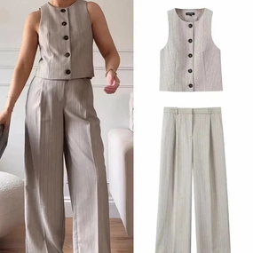 Spring Vest and Pant Set for Women Elegant Button Round Neck Top High Waist Trousers Office Ladies Leisure Suit