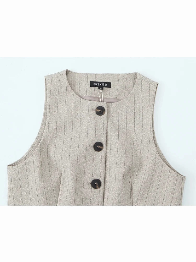 Spring Vest and Pant Set for Women Elegant Button Round Neck Top High Waist Trousers Office Ladies Leisure Suit
