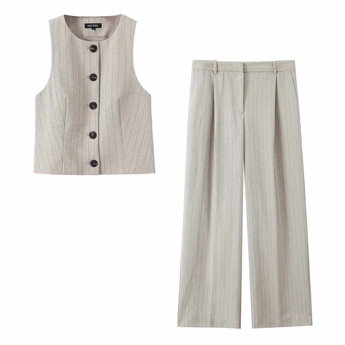 Spring Vest and Pant Set for Women Elegant Button Round Neck Top High Waist Trousers Office Ladies Leisure Suit