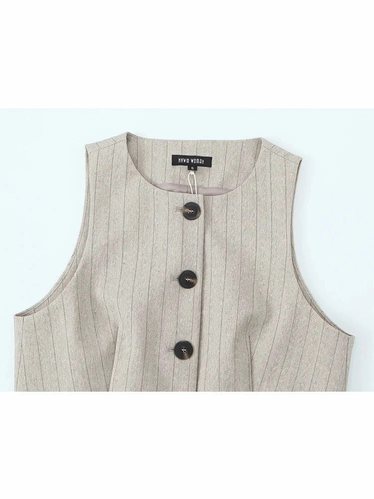 Spring Vest and Pant Set for Women Elegant Button Round Neck Top High Waist Trousers Office Ladies Leisure Suit