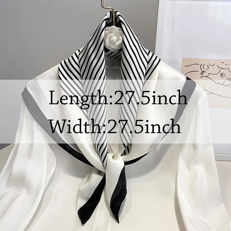 Square Imitation Silk Scarf Black And White Striped Head Wrap for Women Stylish Multitasking Neck Accessory