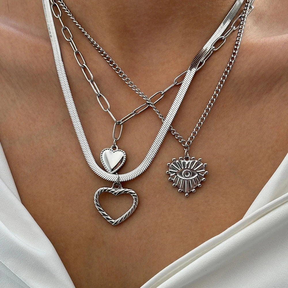 Stainless Steel Necklace Vintage Heart Pendant Multi-style Chain