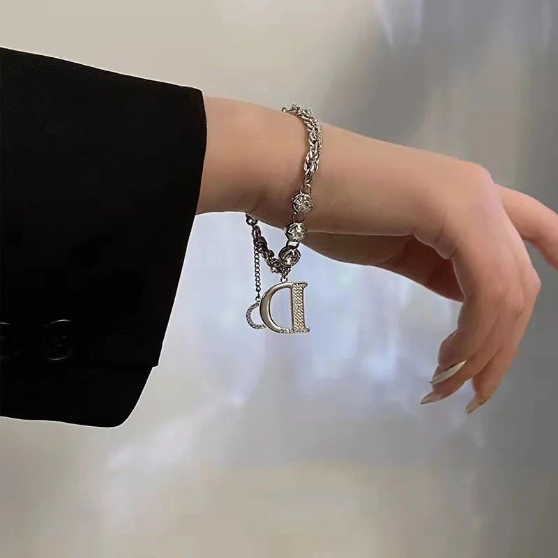 Stainless Steel Rhinestone Bracelets For Women Silver D Pendant Charm Jewelry