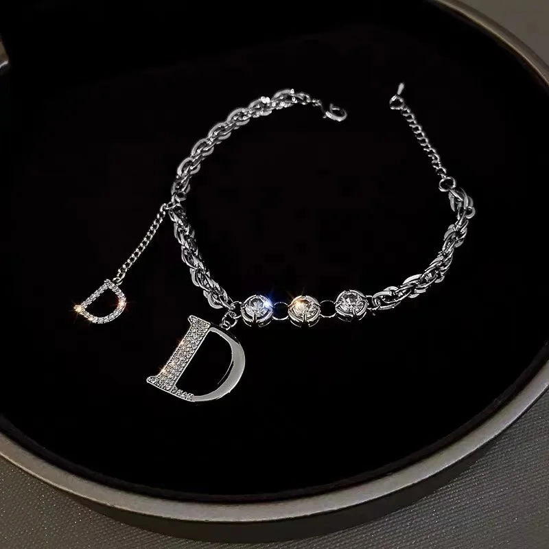 Stainless Steel Rhinestone Bracelets For Women Silver D Pendant Charm Jewelry