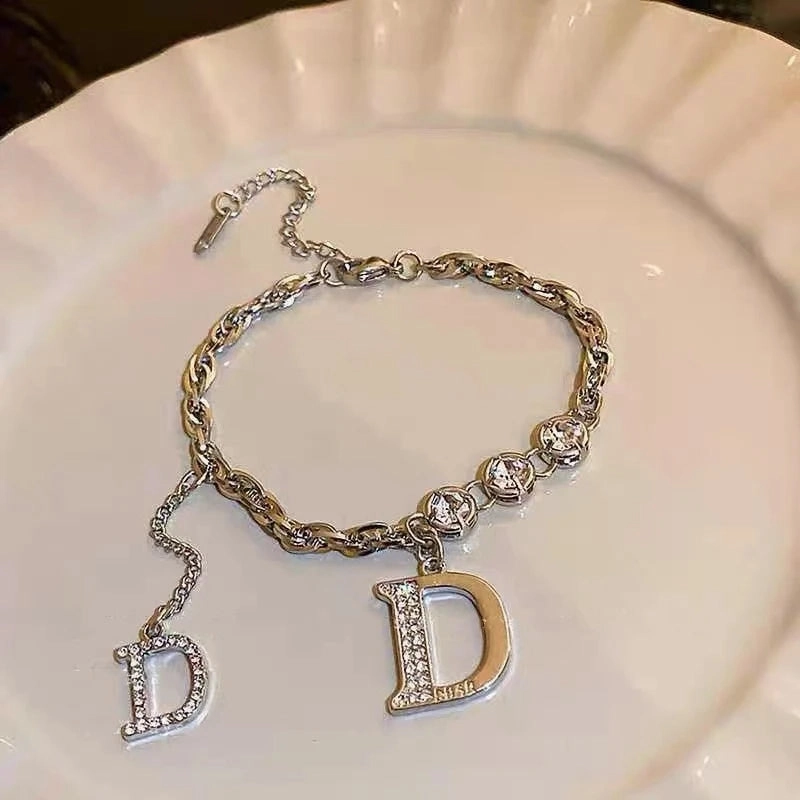 Stainless Steel Rhinestone Bracelets For Women Silver D Pendant Charm Jewelry
