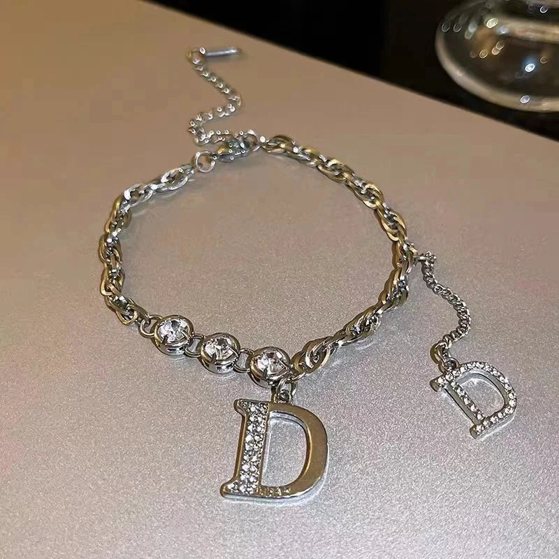 Stainless Steel Rhinestone Bracelets For Women Silver D Pendant Charm Jewelry