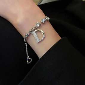 Stainless Steel Rhinestone Bracelets For Women Silver D Pendant Charm Jewelry