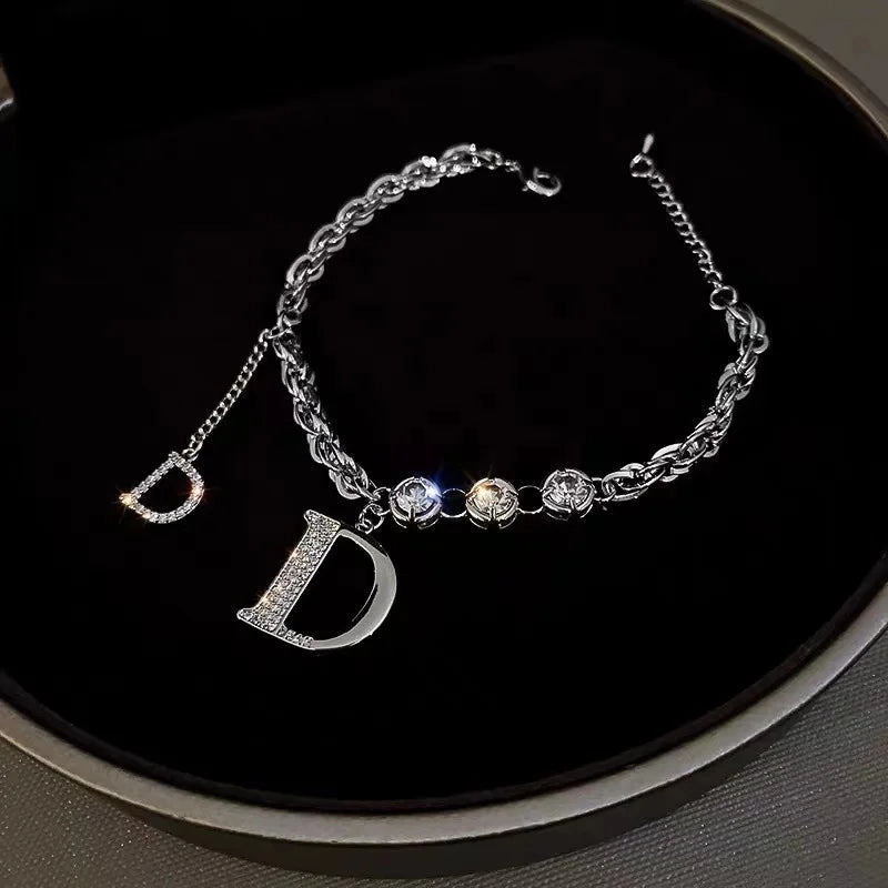 Stainless Steel Rhinestone Bracelets For Women Silver D Pendant Charm Jewelry