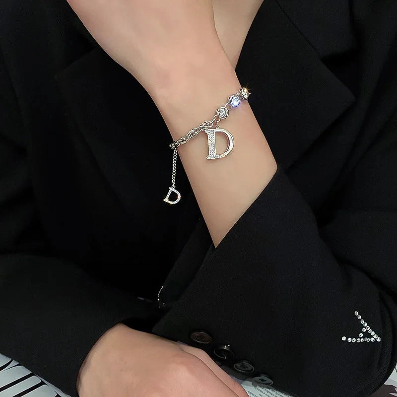 Stainless Steel Rhinestone Bracelets For Women Silver D Pendant Charm Jewelry