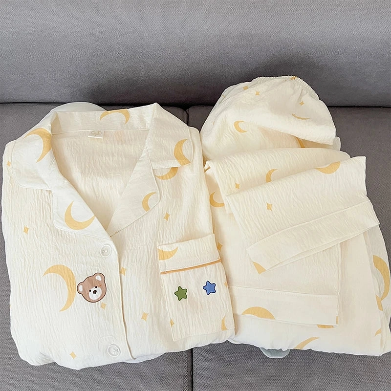 Star Moon Cute Bear Print Pajamas Set for Women Kawaii Casual Home Wear