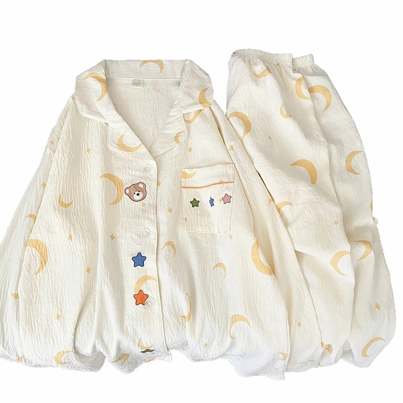 Star Moon Cute Bear Print Pajamas Set for Women Kawaii Casual Home Wear