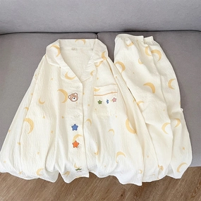 Star Moon Cute Bear Print Pajamas Set for Women Kawaii Casual Home Wear