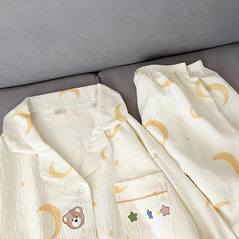 Star Moon Cute Bear Print Pajamas Set for Women Kawaii Casual Home Wear