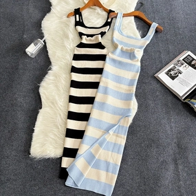 Stripe Summer Elastic Split Bodycon Dress for Women