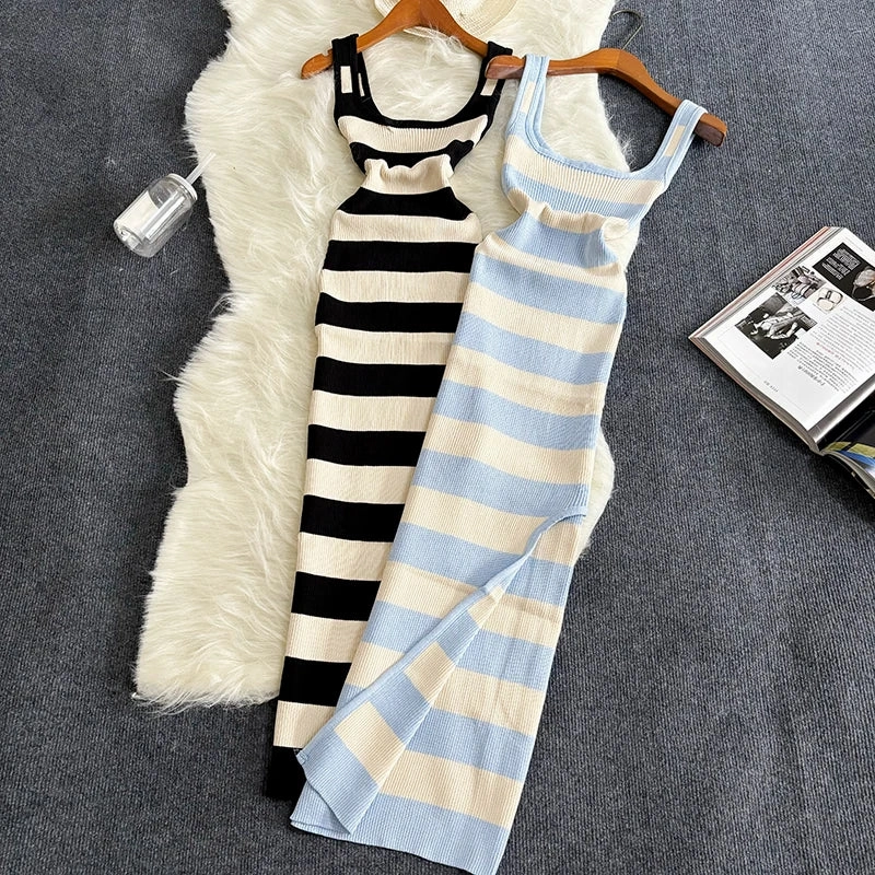 Stripe Summer Elastic Split Bodycon Dress for Women