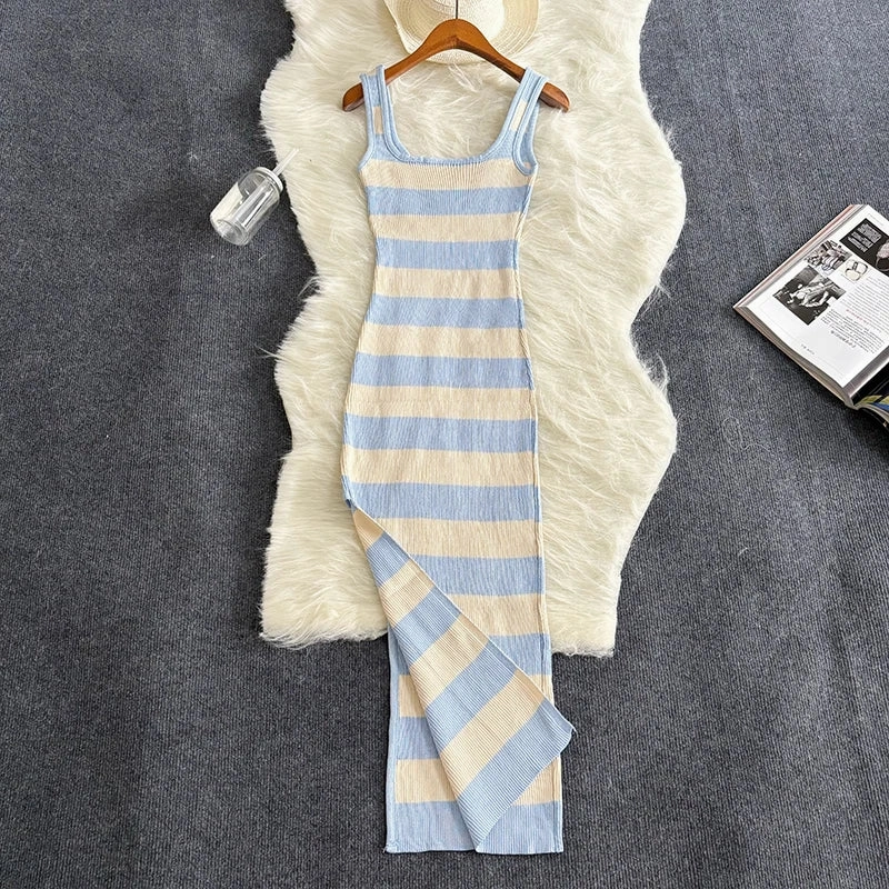 Stripe Summer Elastic Split Bodycon Dress for Women
