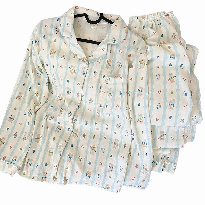 Striped Bear Print Plus Size Long Sleeve Button Pajamas Set for Women Spring Kawaii Cute Home Wear
