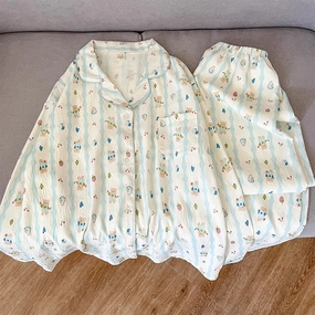 Striped Bear Print Plus Size Long Sleeve Button Pajamas Set for Women Spring Kawaii Cute Home Wear