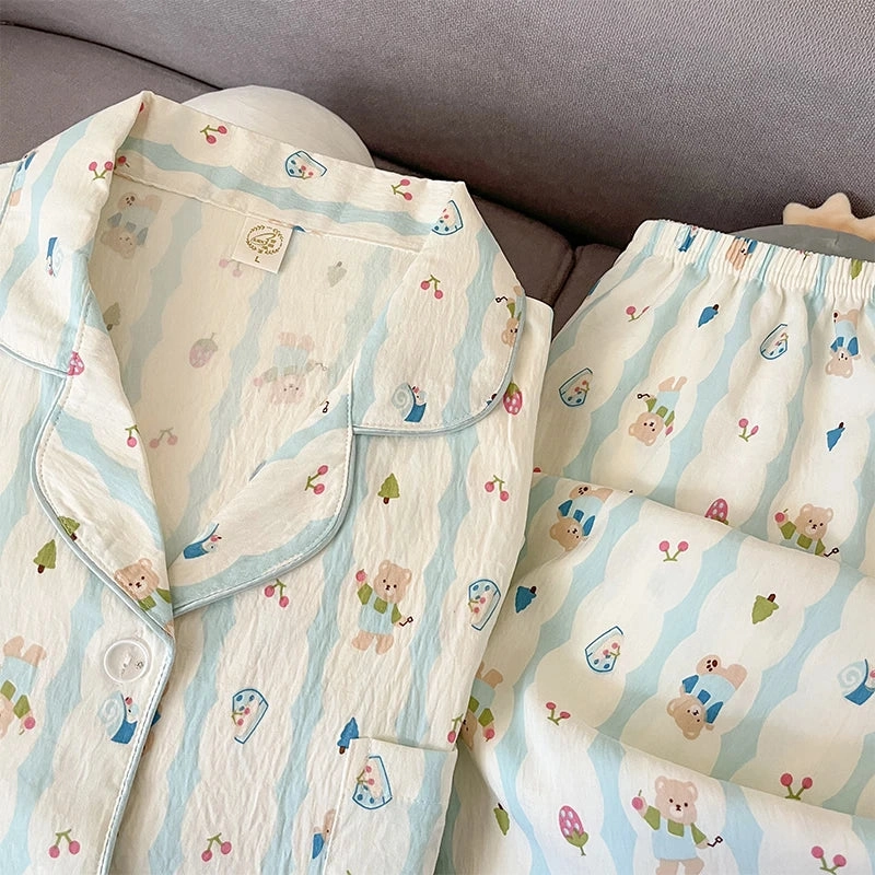 Striped Bear Print Plus Size Long Sleeve Button Pajamas Set for Women Spring Kawaii Cute Home Wear