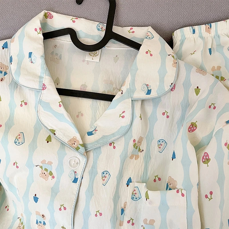 Striped Bear Print Plus Size Long Sleeve Button Pajamas Set for Women Spring Kawaii Cute Home Wear