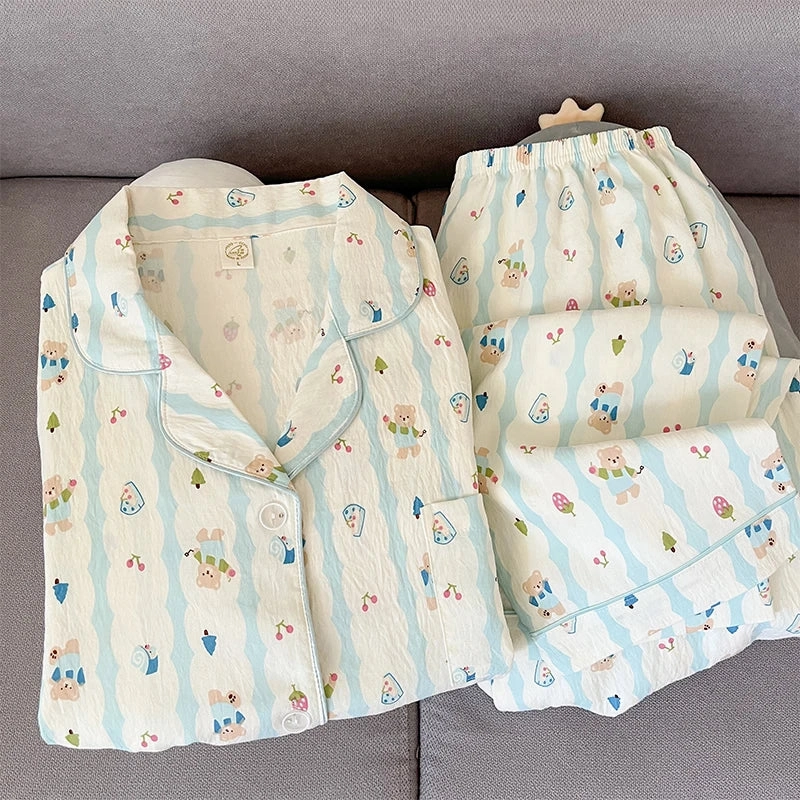 Striped Bear Print Plus Size Long Sleeve Button Pajamas Set for Women Spring Kawaii Cute Home Wear