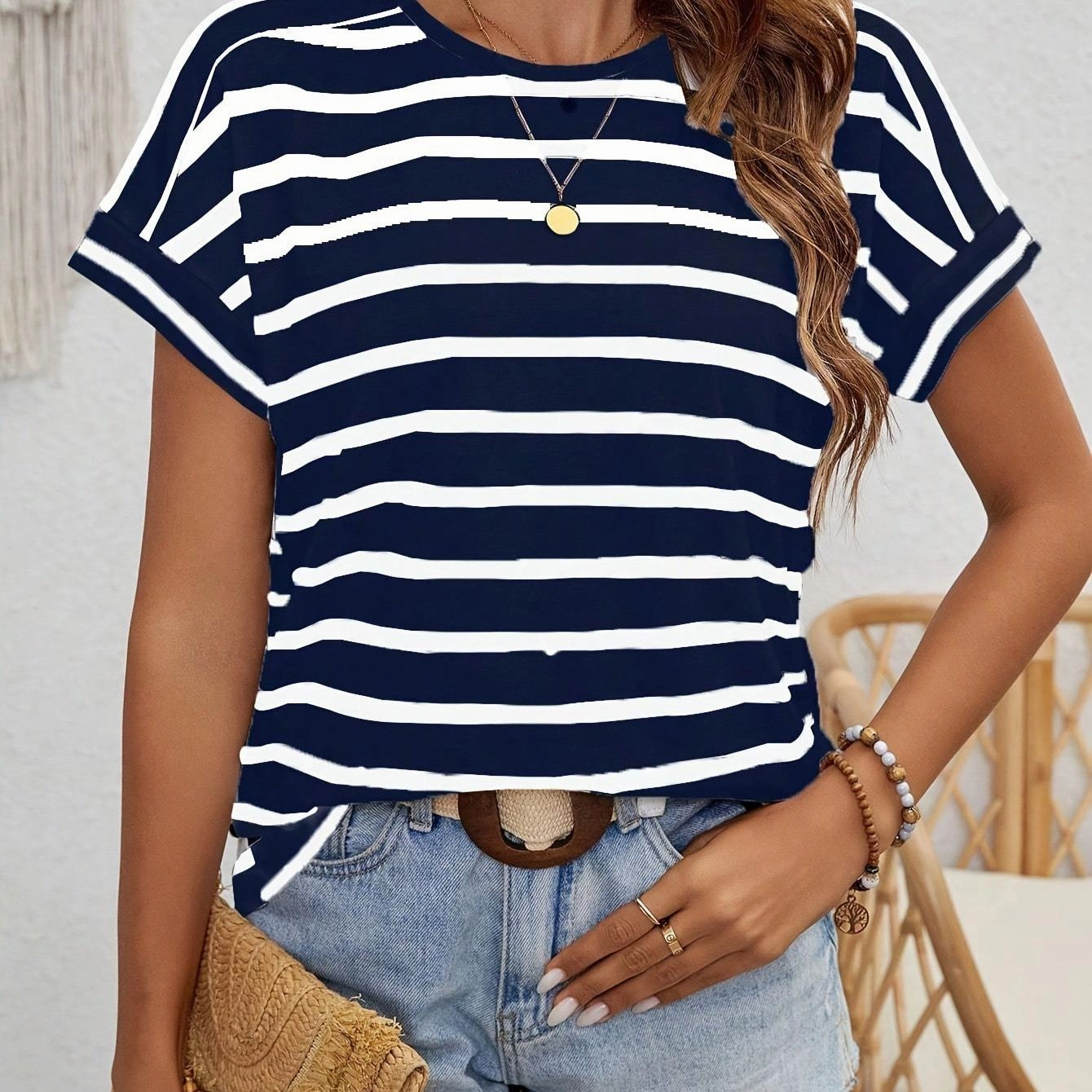 Striped Crew Neck T-shirt, Short Sleeve Casual Top for Women