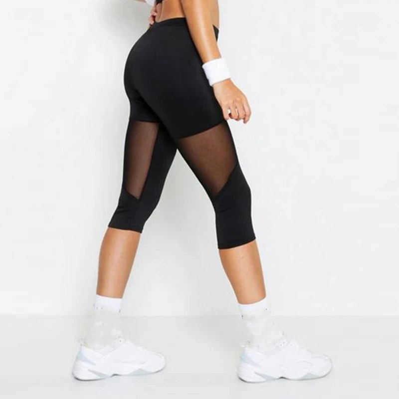 Stylish Black Mesh Patchwork Fitness Leggings for Women - Elastic Capri Jeggings Perfect for Yoga and Workouts