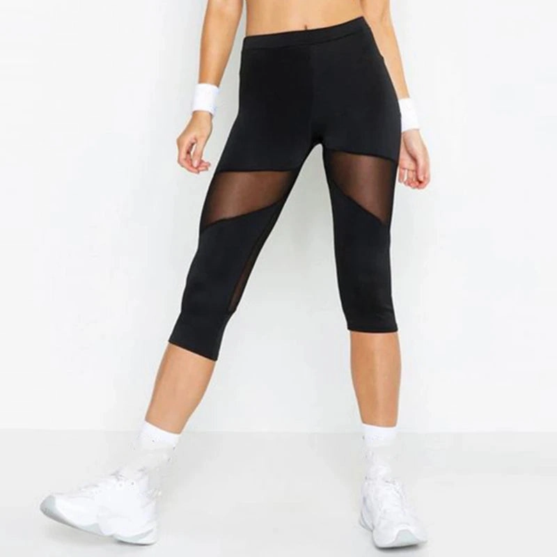 Stylish Black Mesh Patchwork Fitness Leggings for Women - Elastic Capri Jeggings Perfect for Yoga and Workouts