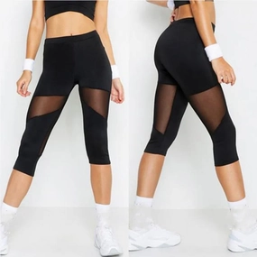 Stylish Black Mesh Patchwork Fitness Leggings for Women - Elastic Capri Jeggings Perfect for Yoga and Workouts