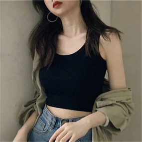 Stylish Black Sleeveless Crop Top for Women - Sexy Stretchy Knitted Tank Tee for Summer Streetwear