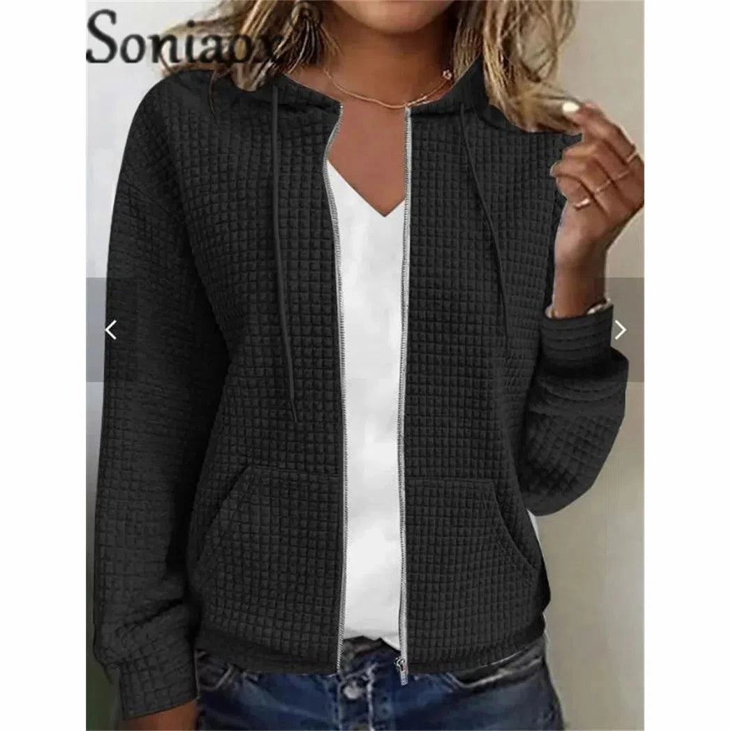 Stylish Hooded Zipper Cardigan with Pockets - Cozy Plaid Jacquard Sweatshirt for Women - Perfect for Autumn & Winter Wear