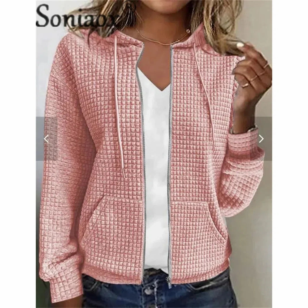 Stylish Hooded Zipper Cardigan with Pockets - Cozy Plaid Jacquard Sweatshirt for Women - Perfect for Autumn & Winter Wear