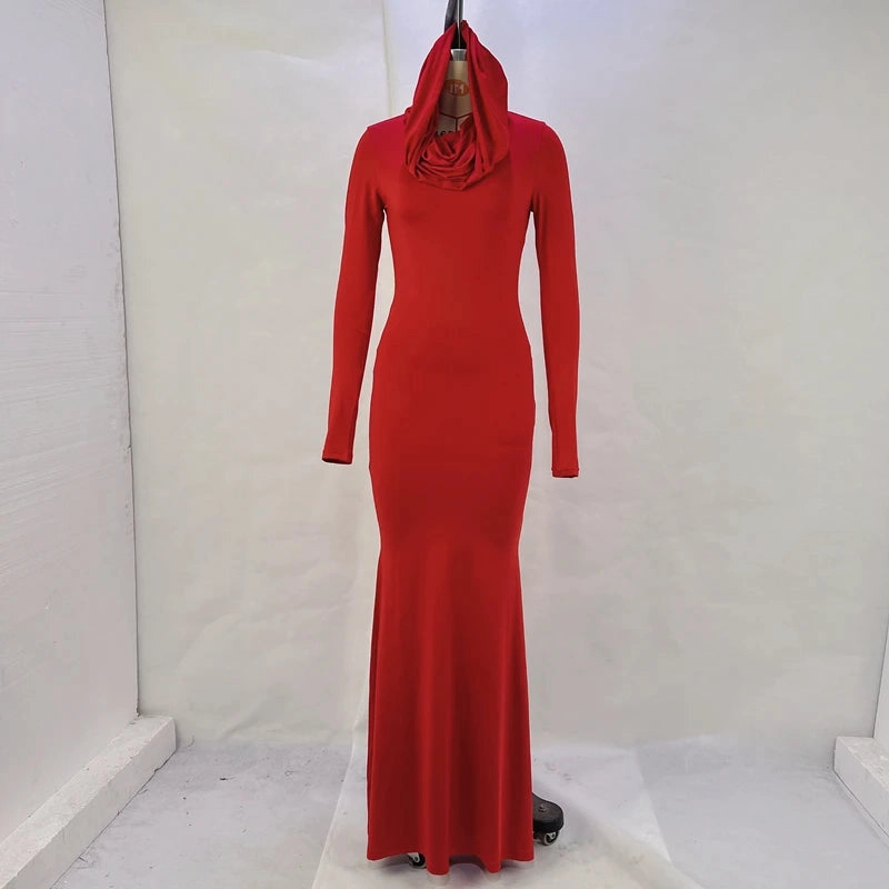 Stylish Solid Long Sleeve Slim Floor Length Hooded Dress