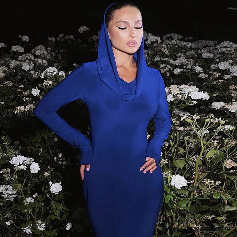 Stylish Solid Long Sleeve Slim Floor Length Hooded Dress