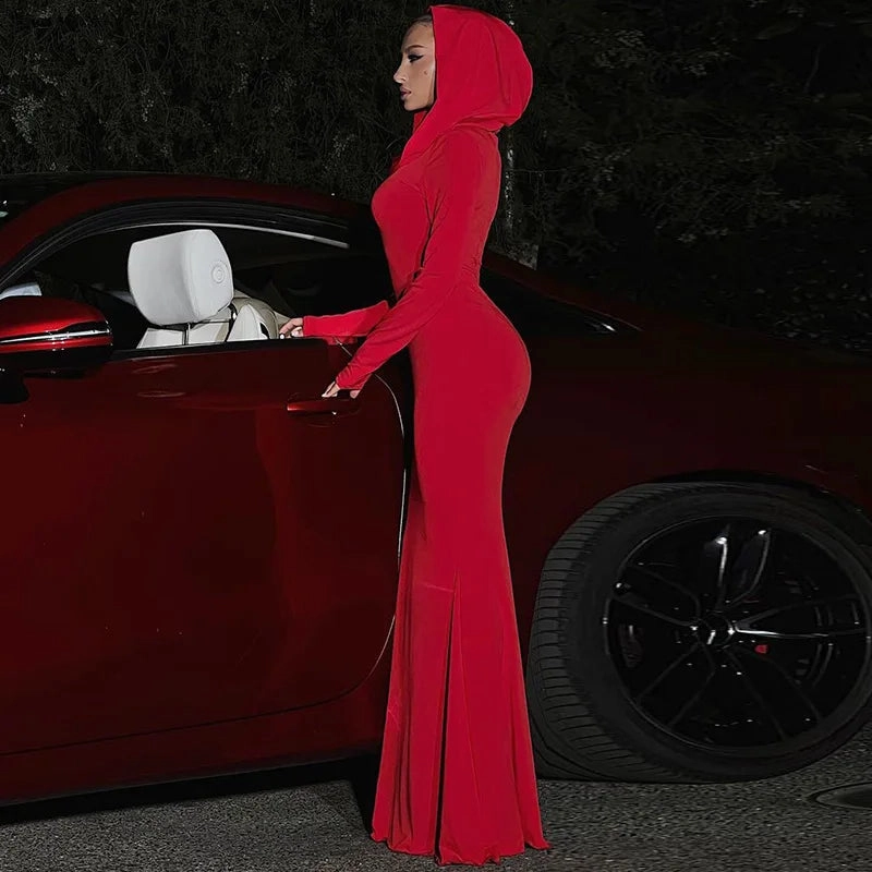Stylish Solid Long Sleeve Slim Floor Length Hooded Dress