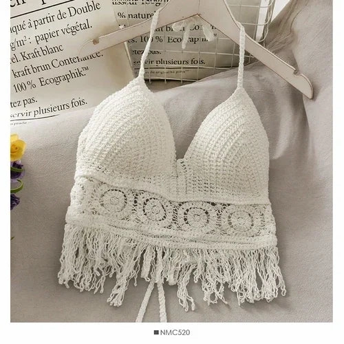 Stylish Summer Hollow Out Spaghetti Strap Crop Top with Built-In Bra and Tassel Detail for Women