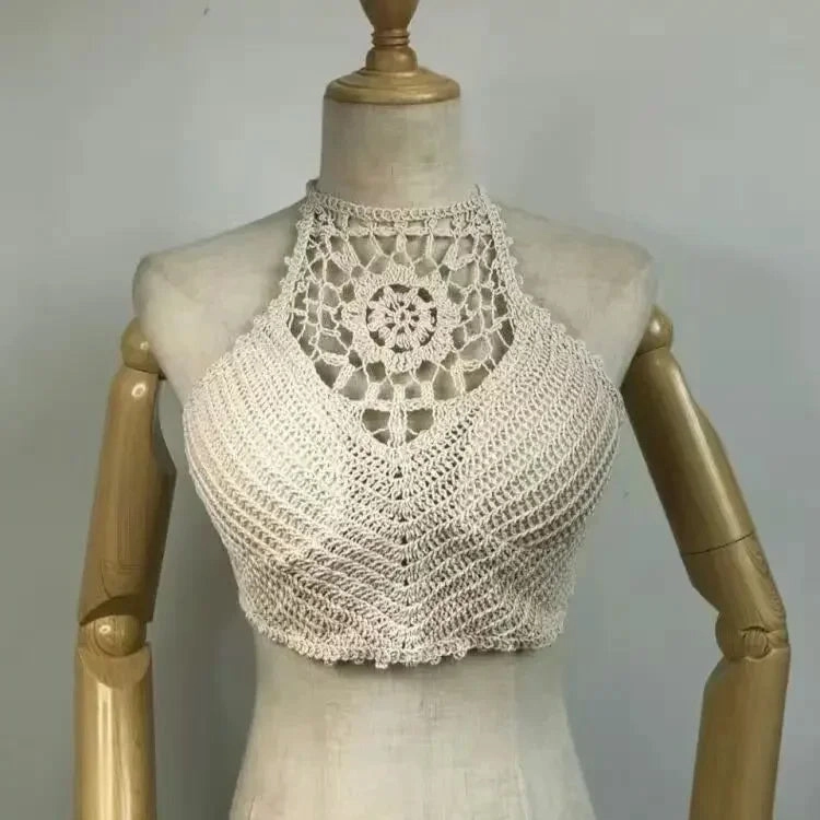 Stylish Summer Hollow Out Spaghetti Strap Crop Top with Built-In Bra and Tassel Detail for Women